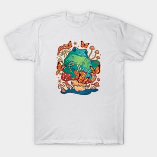 Frog sitting on a Mushroom with Butterflies T-Shirt